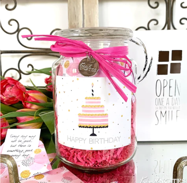 Give her a birthday gift that is just as pink and sparkly and adorable as she is. The jar is adorned with a luscious pink triple-layer cake, but the sweetest gift of all is what is inside the jar: your thoughtful notes and wishes for the best birthday ever.