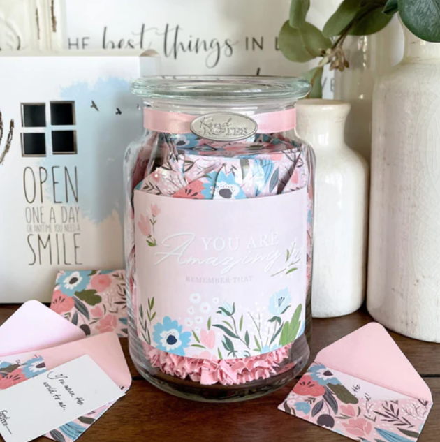 A subtle print of “You are Amazing” “Remember That” is displayed on this jar of KindNotes so they won't forget to love and cherish themselves!