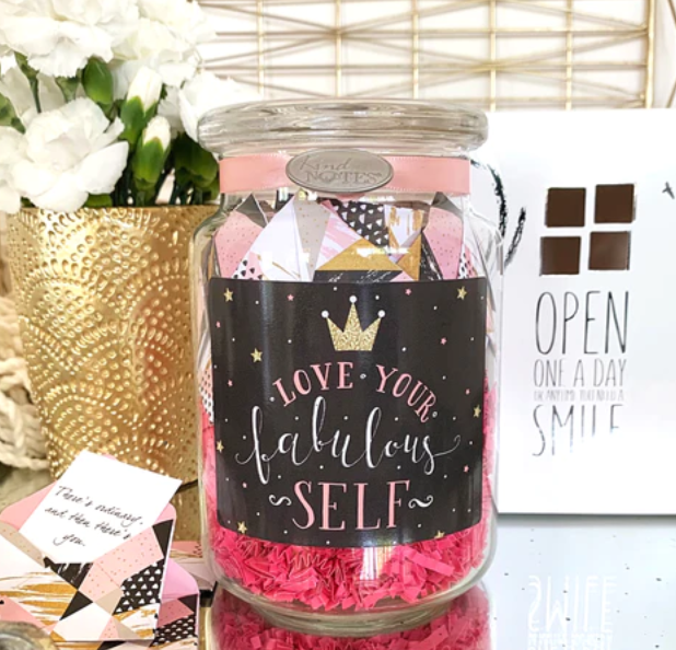 When someone is fabulous, tell them. And there is no better way than with Love Your Fabulous Self Jar of Notes. This chic jar is embellished with a sparkly crown to remind her of her royal status and tied with a pretty pink ribbon.