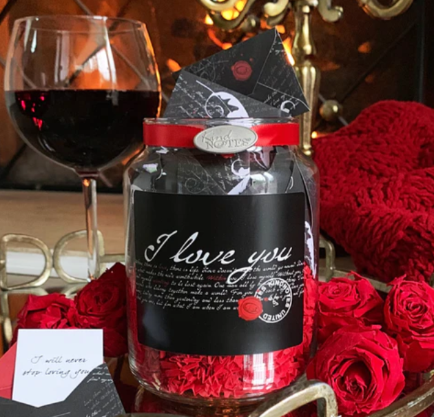 Send them a daily dose of passionate notes that sits in a glass jar, all sealed with classic black mini envelopes. A lining of red and white vintage scripts are added paired with feather illustration for that classic vibe. This keepsake lets you celebrate Valentine's Day and anniversaries even from afar to help bridge the distance like never before. The set comes in a gift-ready box leaving you with less to worry and more love to give.